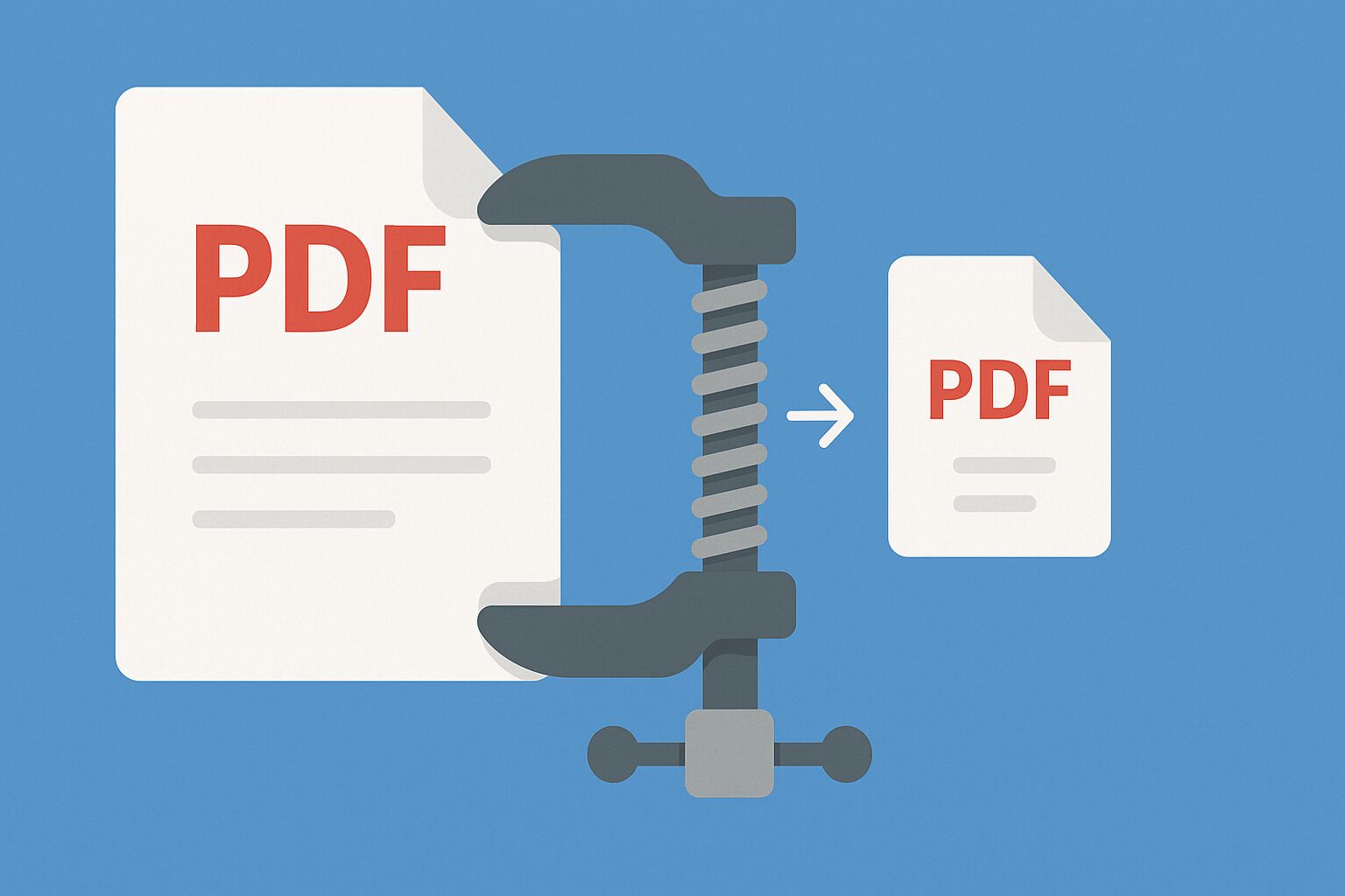 Illustration showing a large PDF file being squeezed or compressed into a smaller file.